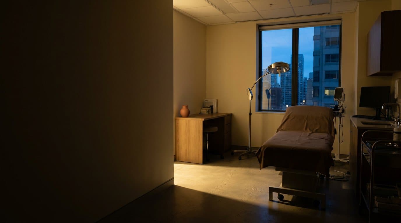 Consultório de dermatologia vazio à noite, com a luminária acesa e a cidade escura pela janela