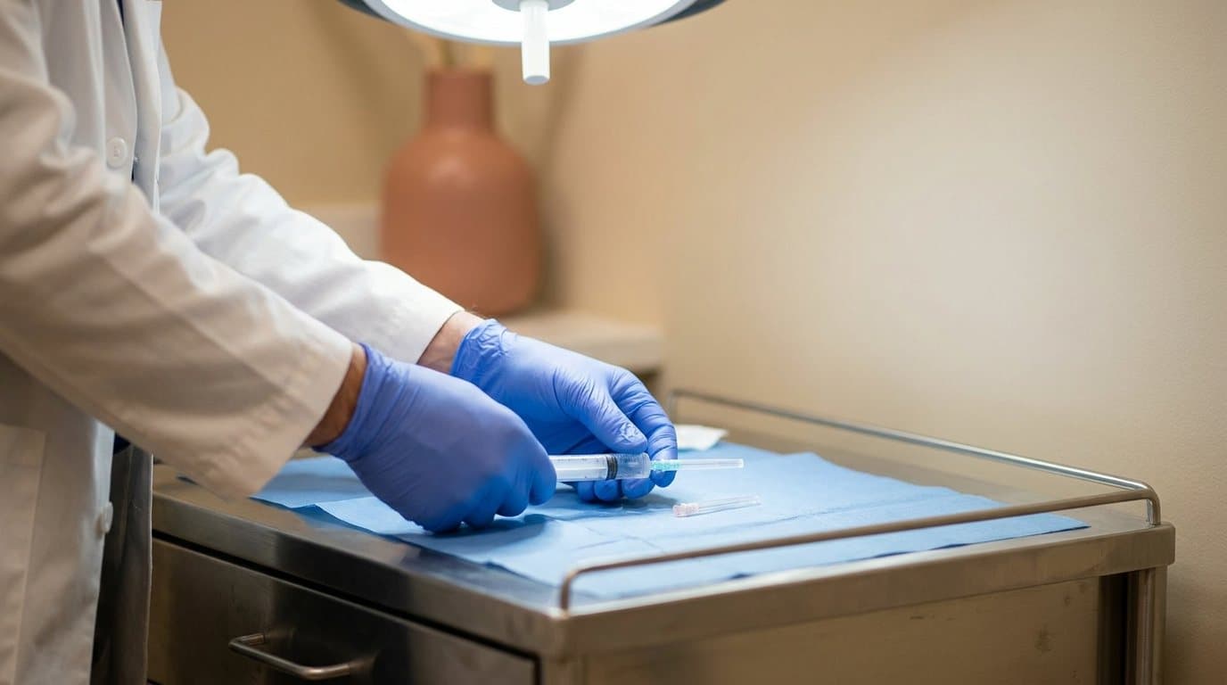Mãos de médica com luvas preparando uma seringa sobre campo estéril